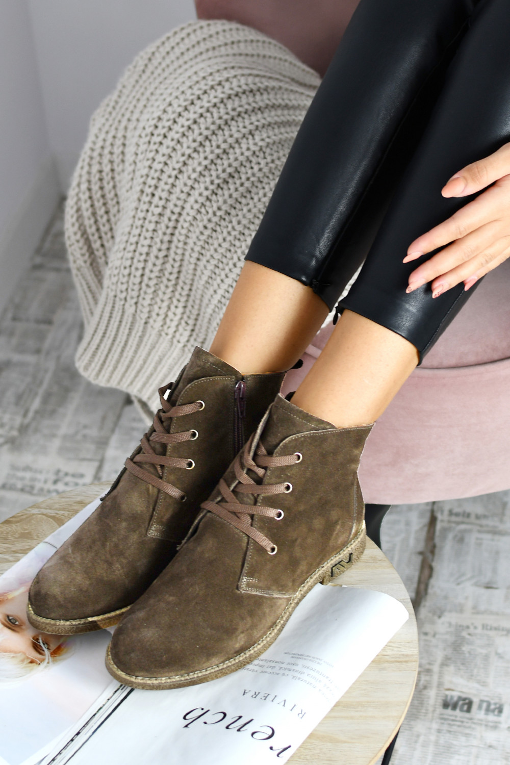 GHETE BROWN PIELE NATURALA INTOARSA 1PC15