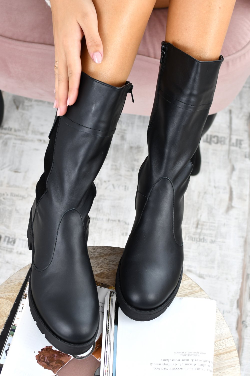 CIZME NEGRE CU SIRET PIELE NATURALA 7PC25