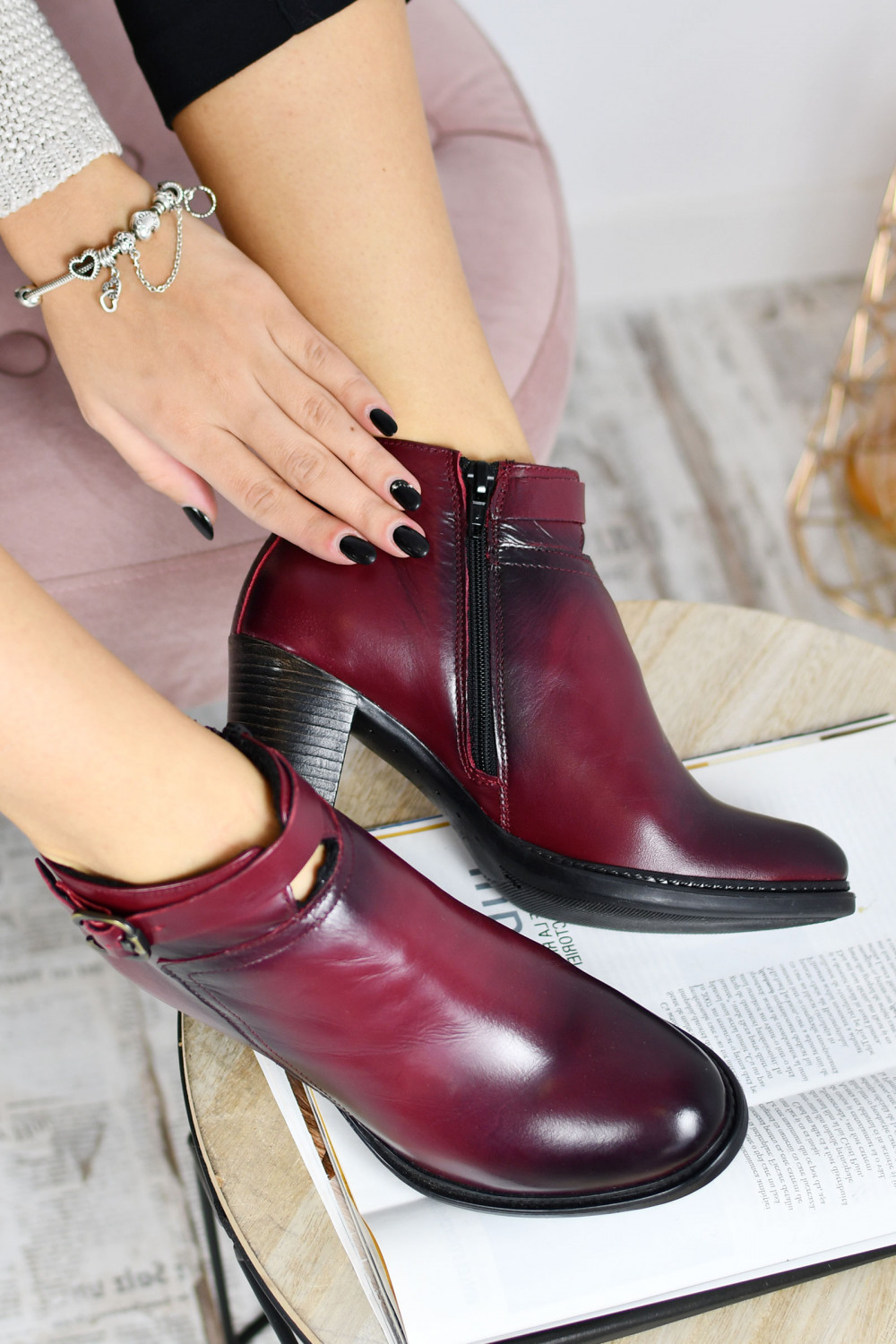 BOTINE BORDO PIELE NATURALA ROSY