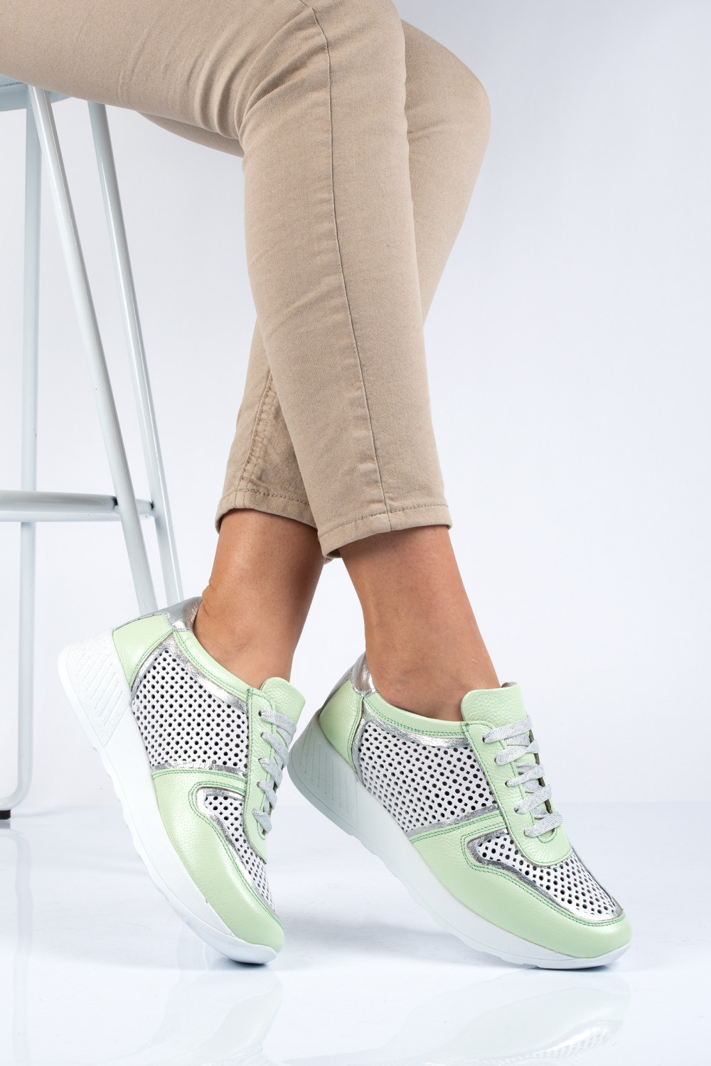 PANTOFI SPORT ALB VERDE PIELE NATURALA 2PC11616NP-AYB