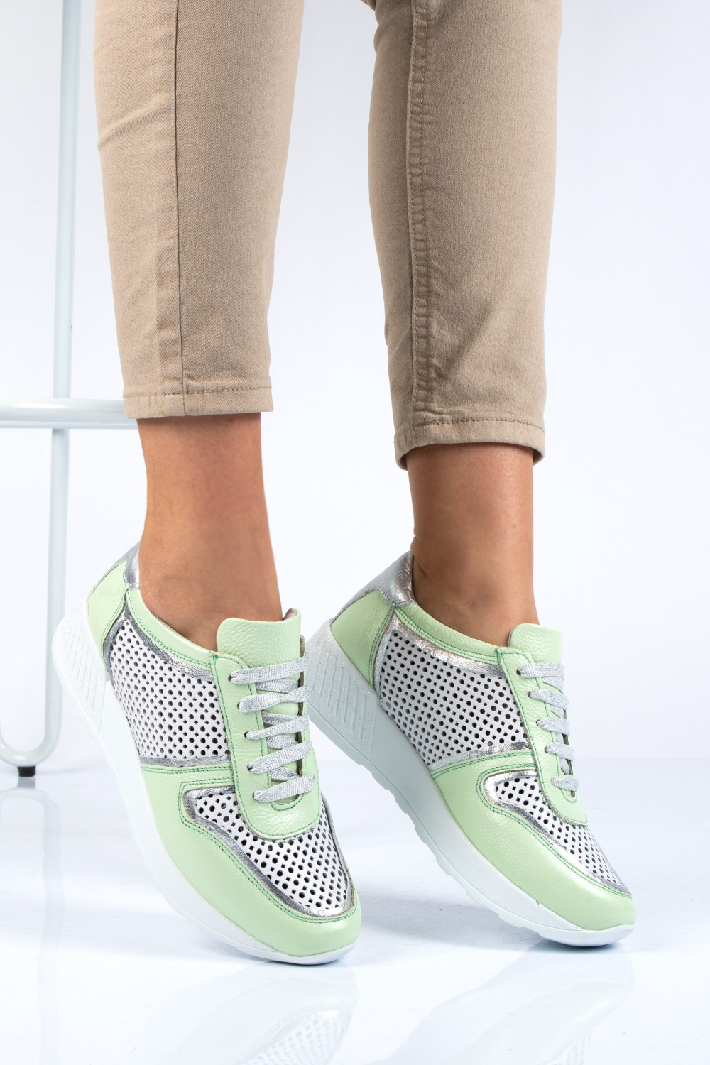 PANTOFI SPORT ALB VERDE PIELE NATURALA 2PC11616NP-AYB
