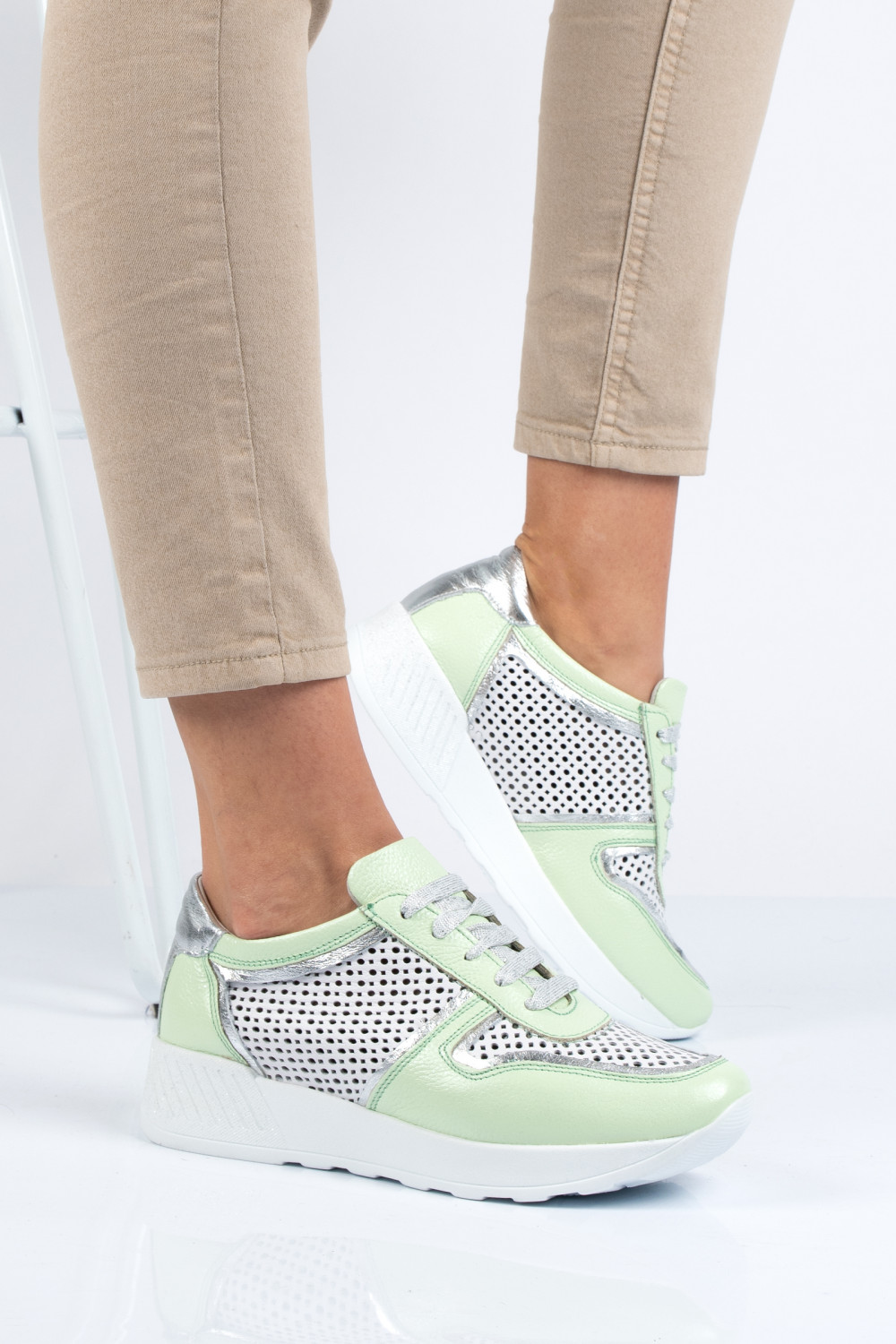 PANTOFI SPORT ALB VERDE PIELE NATURALA 2PC11616NP-AYB