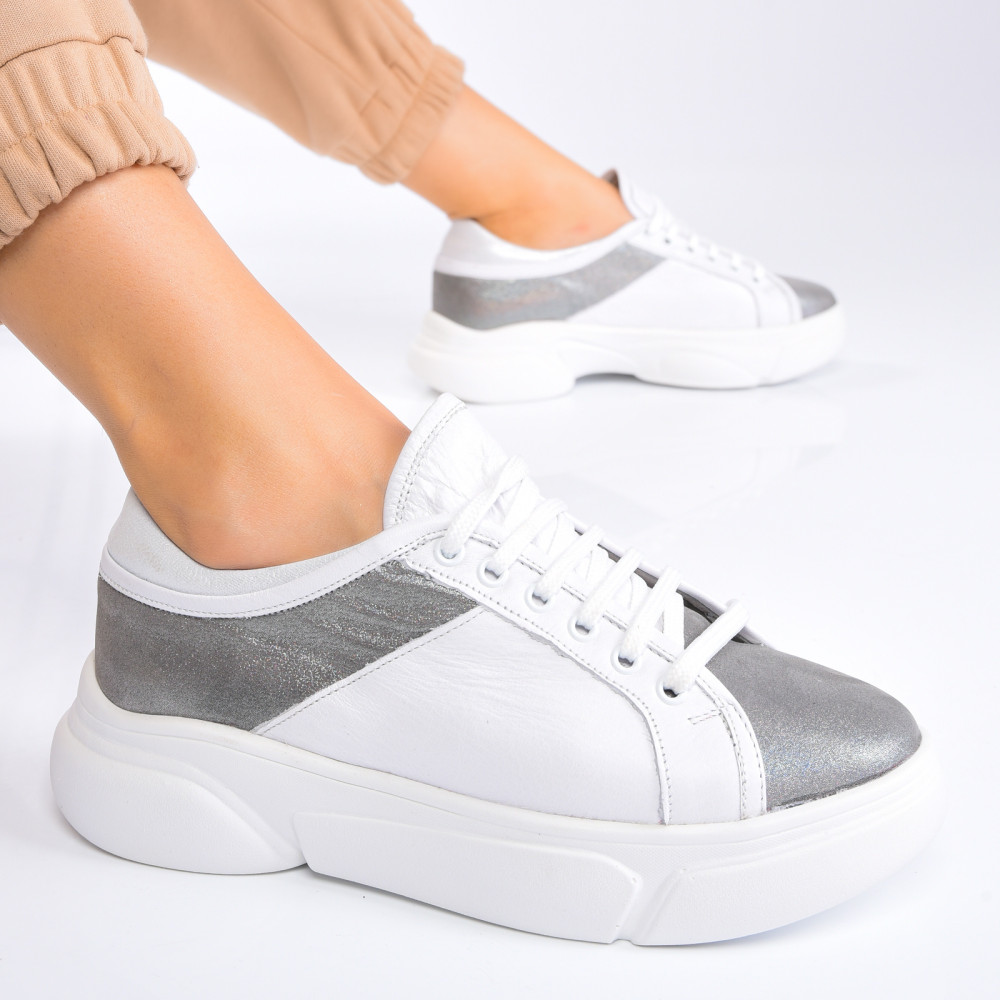 PANTOFI SPORT ALB GRI PIELE NATURALA 2PC11612NP-AYLA