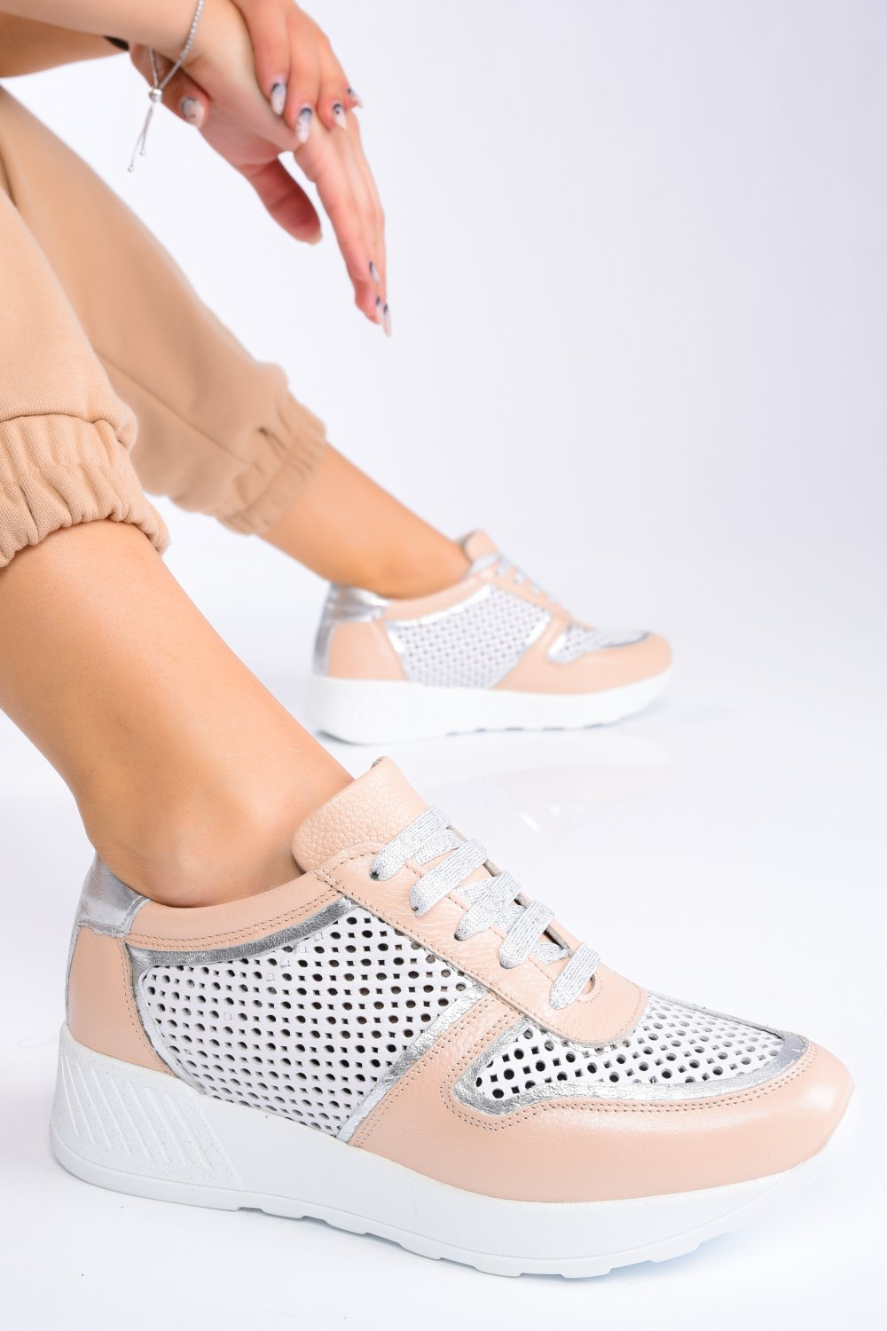 PANTOFI SPORT ALB ROZ PIELE NATURALA 2PC11616NP-AYB