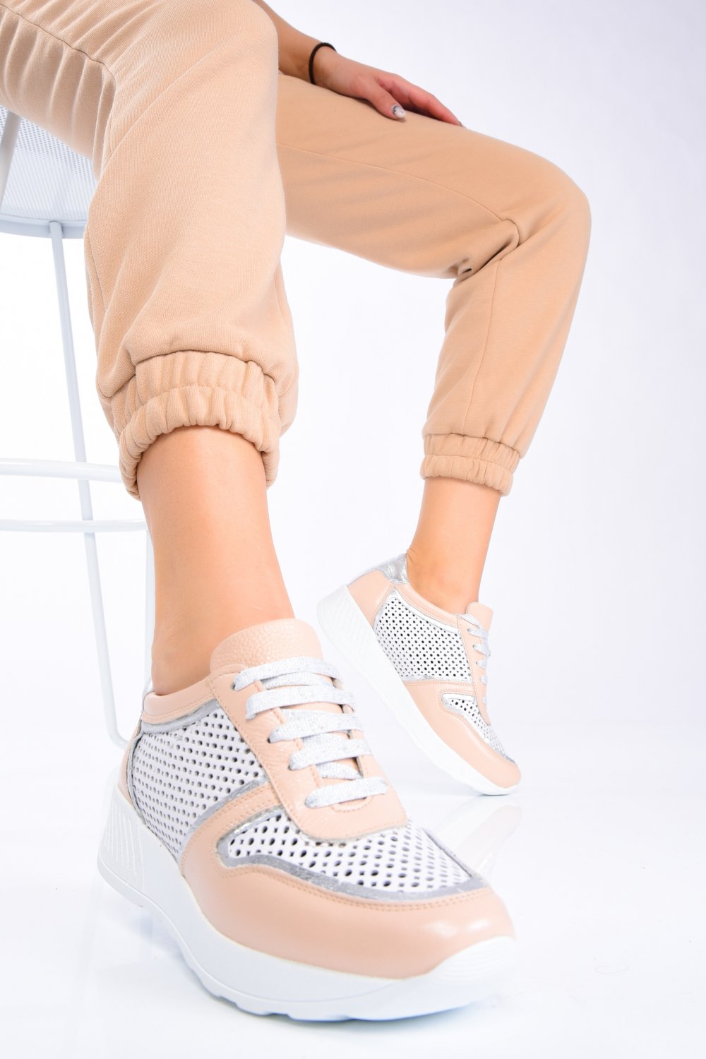 PANTOFI SPORT ALB ROZ PIELE NATURALA 2PC11616NP-AYB