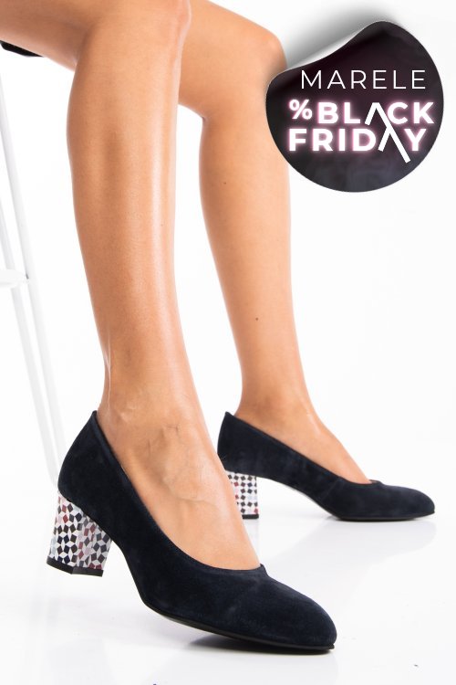 Pantofi bleumarin toc color piele naturala intoarsa 1pc507