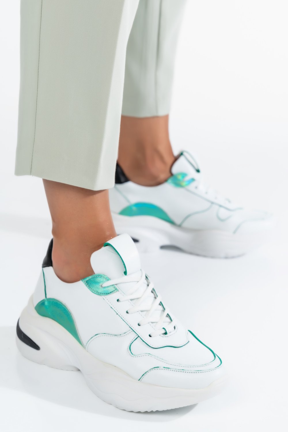 PANTOFI SPORT ALB VERDE PIELE NATURALA 2S7711611