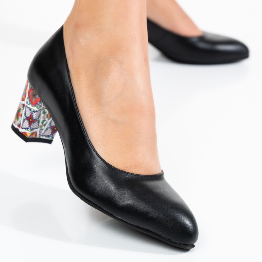 PANTOFI NEGRI TOC FLORAL PIELE NATURALA 1S77500