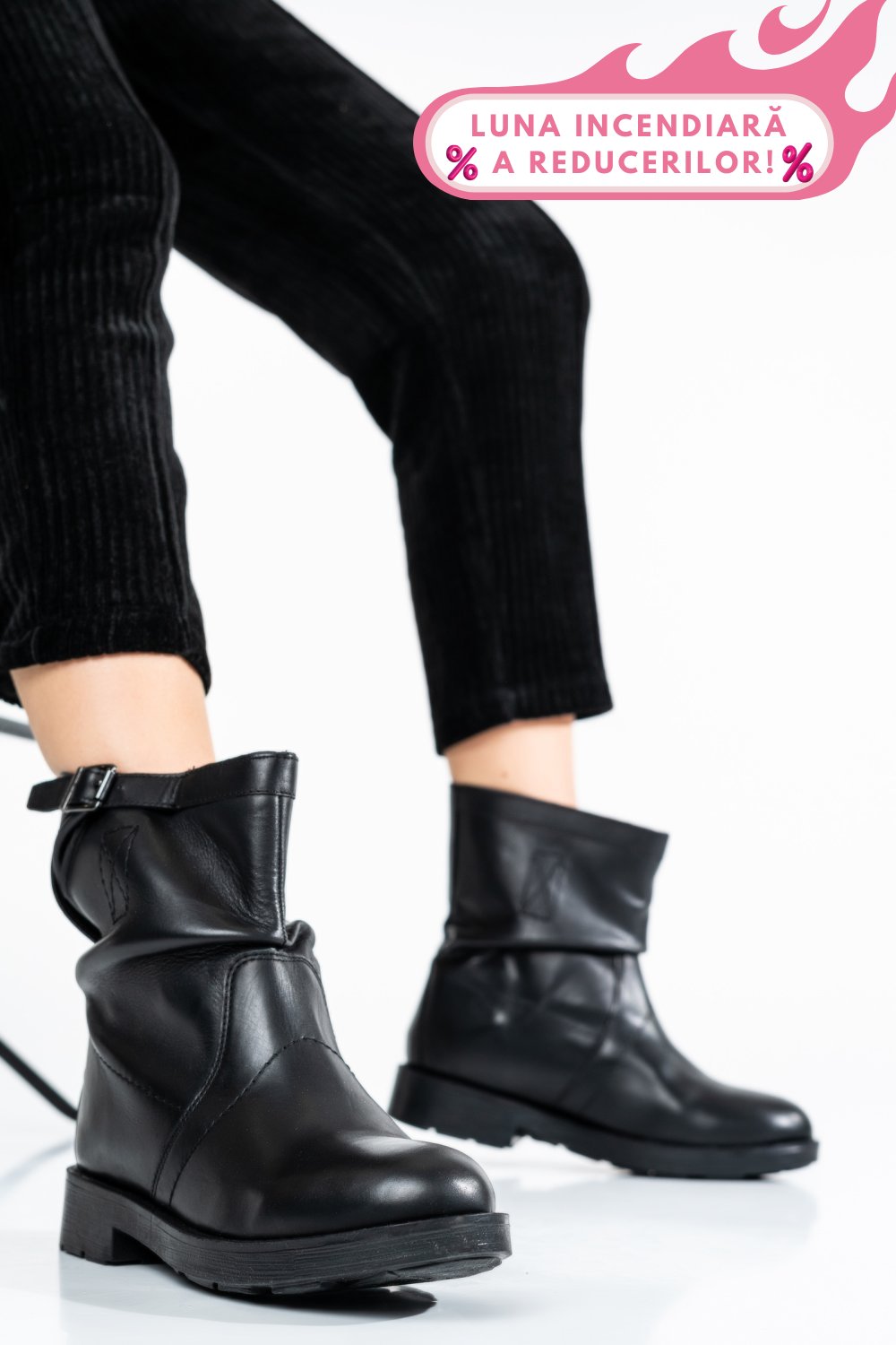 GHETE DAMA PIELE NATURALA NEGRE BIKERS