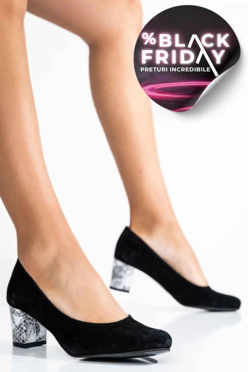 Pantofi negri toc snk piele naturala intoarsa 1pc500