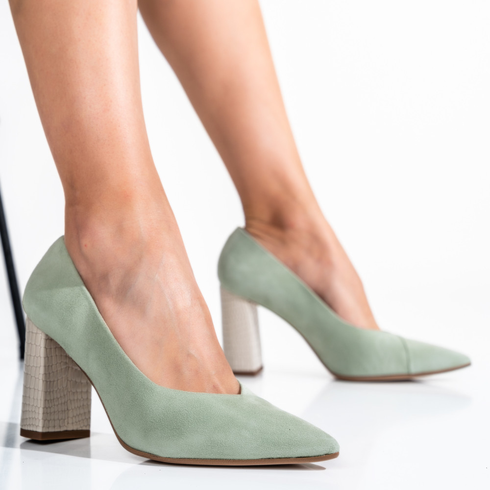 PANTOFI DAMA PIELE NATURALA INTOARSA VERZI CU TOC 93-0263-120