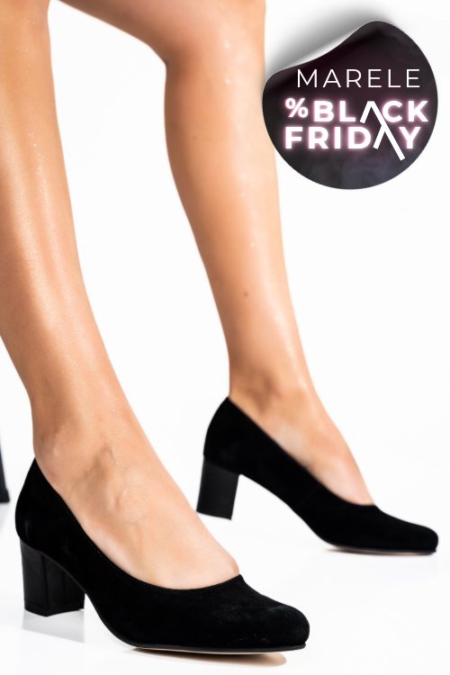 Pantofi femei piele naturala intoarsa black cu toc 1s77500