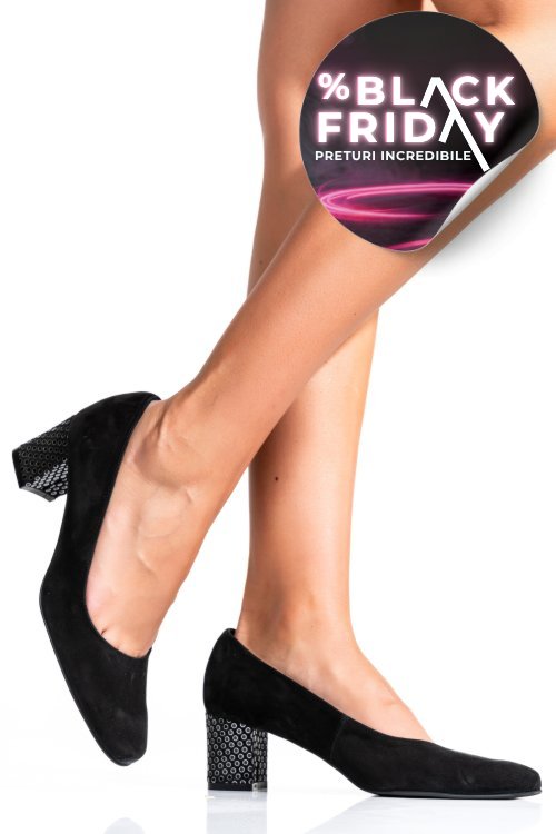 Pantofi dama guban piele naturala intoarsa  black cu toc mic 3s77475