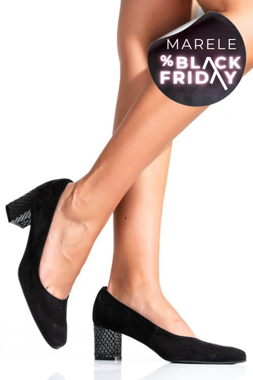 Pantofi dama guban piele naturala intoarsa  black cu toc mic 3s77475