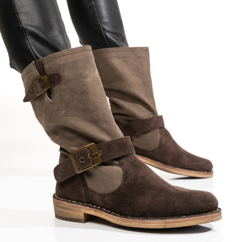 CIZME DAMA PIELE NATURALA INTOARSA  MARO INCHIS SI TEXTIL