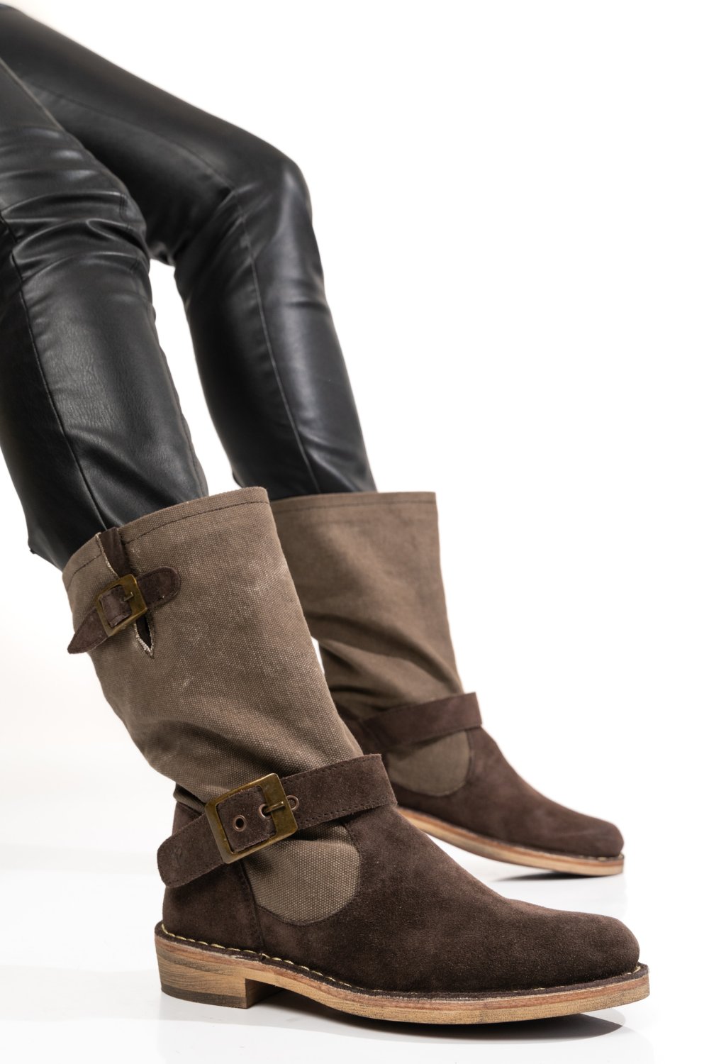 CIZME DAMA PIELE NATURALA INTOARSA  MARO INCHIS SI TEXTIL