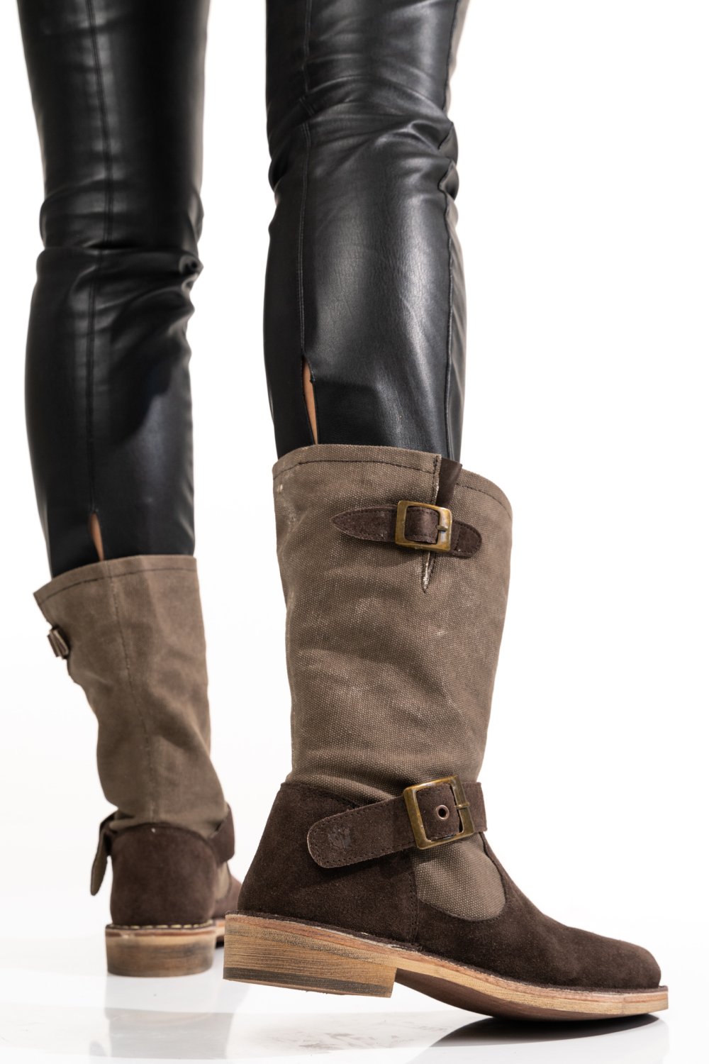 CIZME DAMA PIELE NATURALA INTOARSA  MARO INCHIS SI TEXTIL