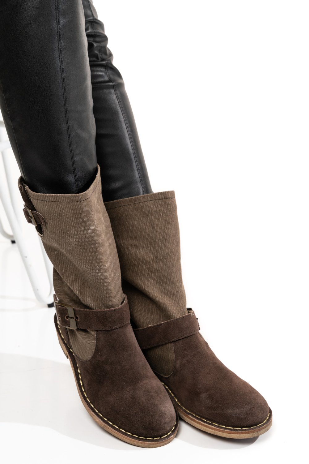 CIZME DAMA PIELE NATURALA INTOARSA  MARO INCHIS SI TEXTIL