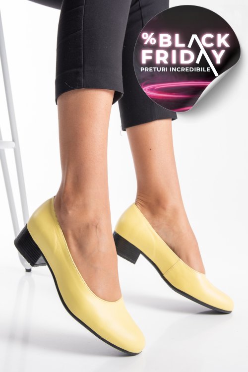 Pantofi dama piele naturala galbeni toc mic 2s77040