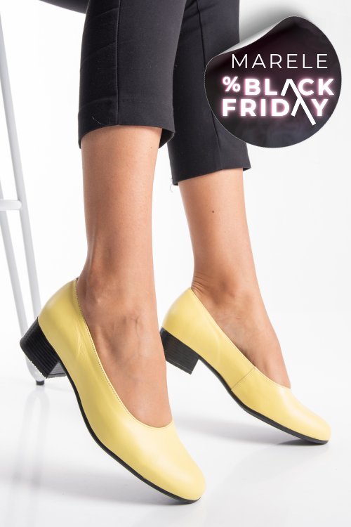 Pantofi dama piele naturala galbeni toc mic 2s77040