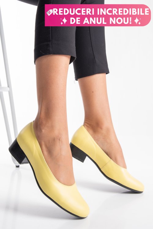 Pantofi dama piele naturala galbeni toc mic 2s77040
