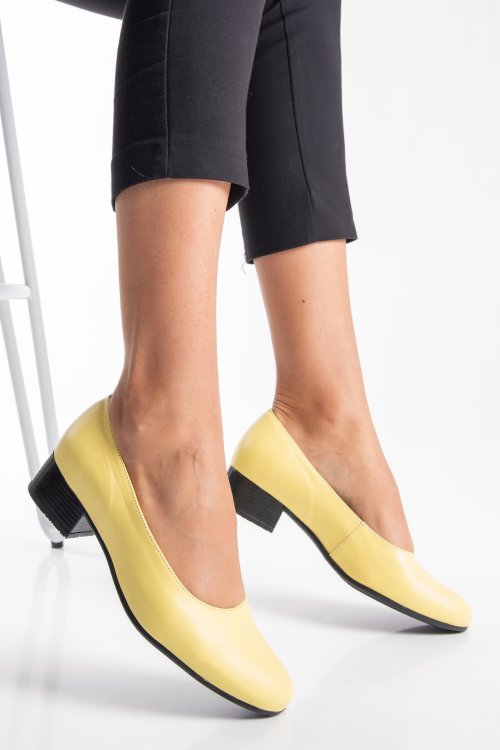 Pantofi dama piele naturala galbeni toc mic 2s77040