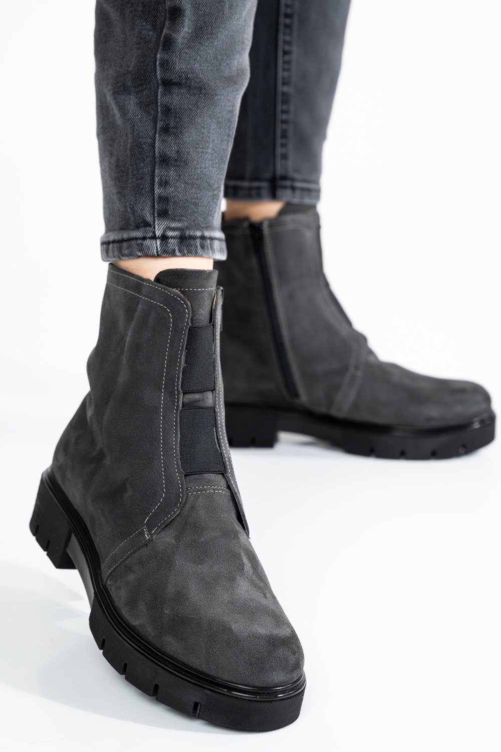 GHETE FEMEI PIELE NATURALA INTOARSA GRI INCHIS 1S7770