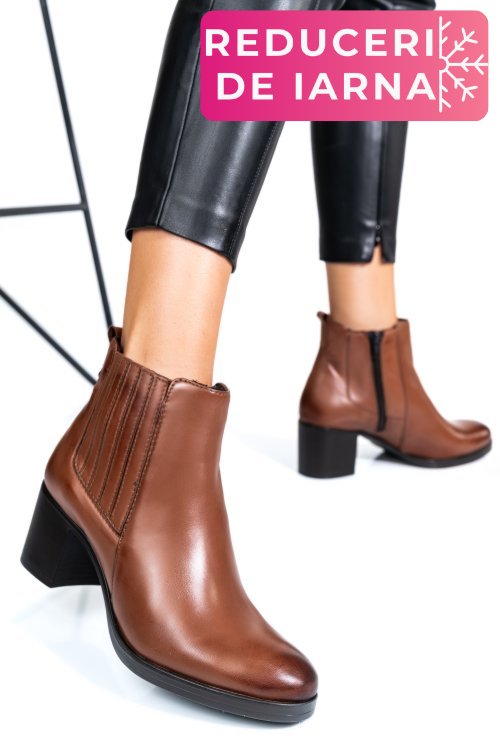 Botine dama piele naturala maro toc mic ws77h-114h54