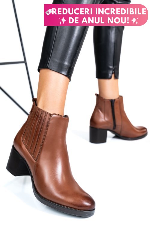 Botine dama piele naturala maro toc mic ws77h-114h54