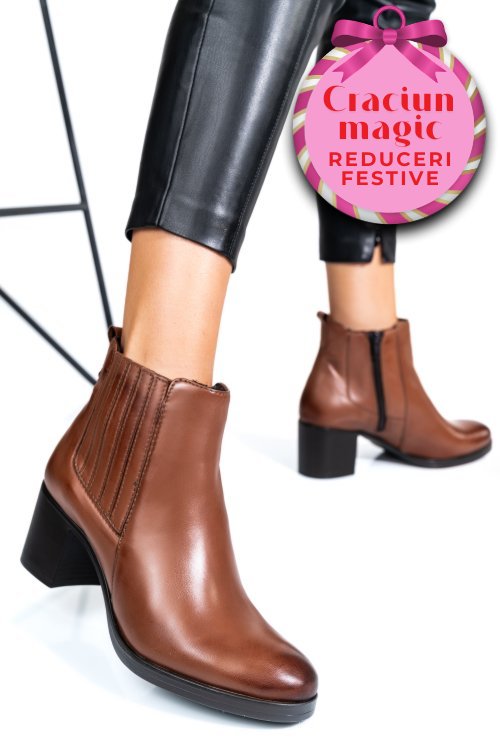 Botine dama piele naturala maro toc mic ws77h-114h54