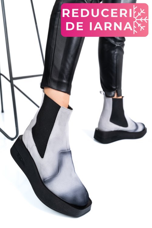 Ghete gri negru piele naturala intoarsa 2s7700