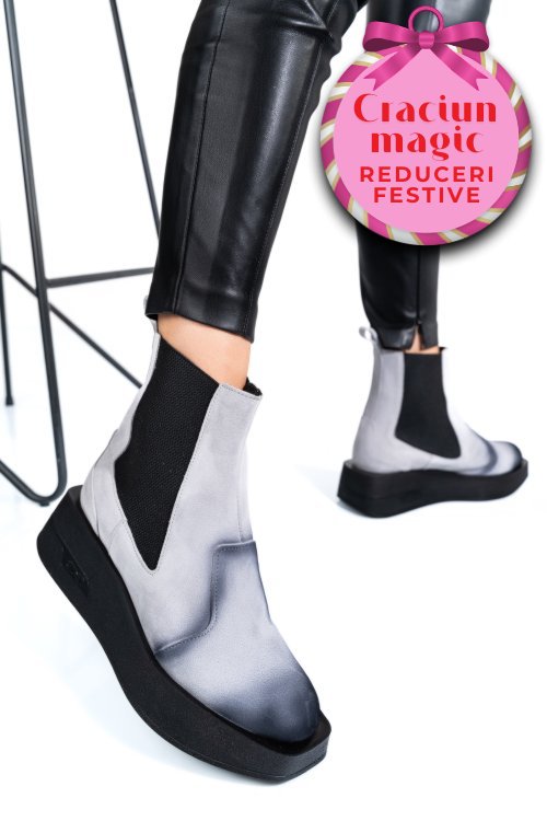 Ghete gri negru piele naturala intoarsa 2s7700