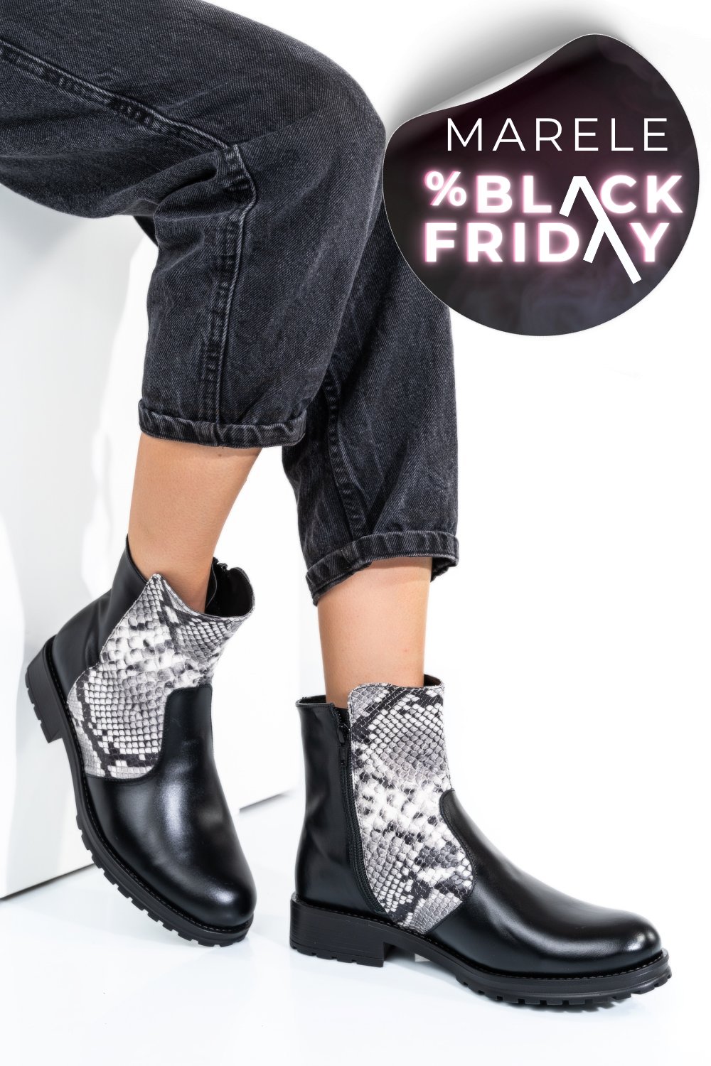 GHETE DAMA IMBLANITE PIELE NATURALA NEGRU ALB SNK 0S772LIB