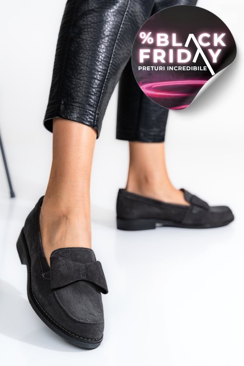 Mocasini gri inchis piele naturala intoarsa 2s77110
