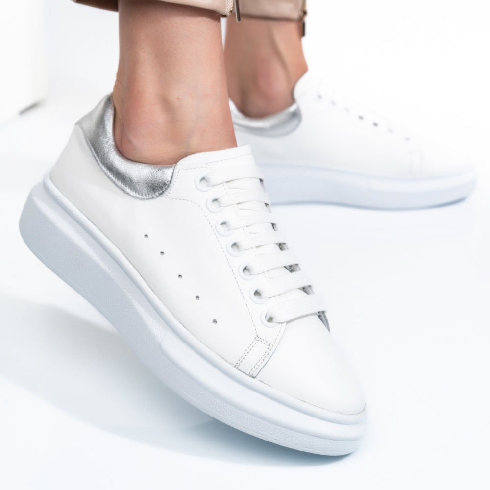 PANTOFI SPORT ALB ARGINTIU PIELE NATURALA 2S7701684