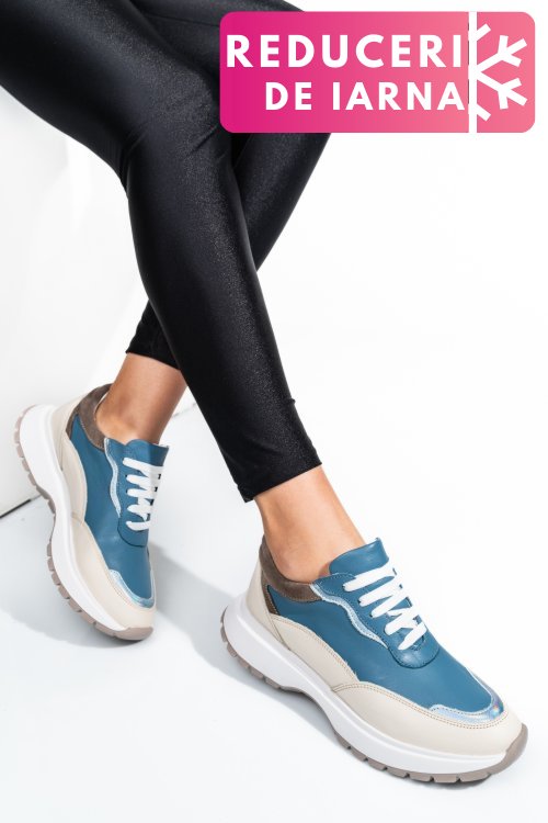 Pantofi sport albastru bej piele naturala 241614np