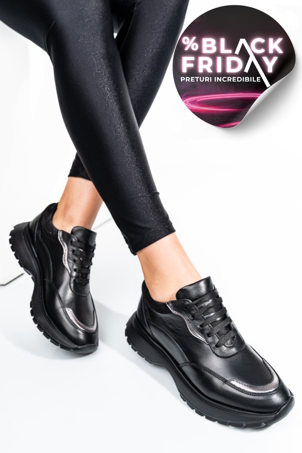 PANTOFI SPORT NEGRI PIELE NATURALA 241614NP