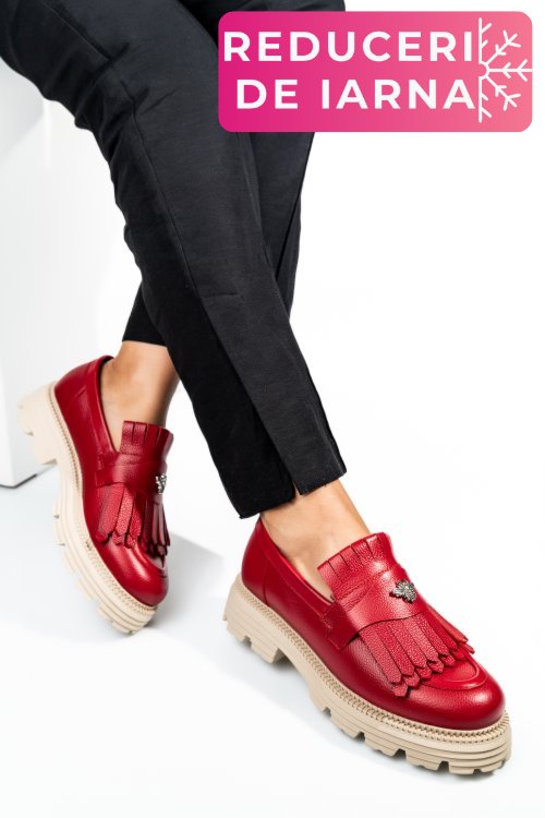 Mocasini dama piele naturala rosii talpa bej 3s7795