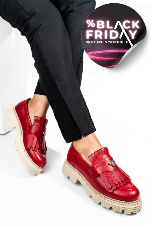 Mocasini dama piele naturala rosii talpa bej 3s7795