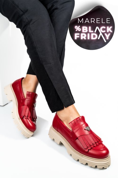 Mocasini dama piele naturala rosii talpa bej 3s7795