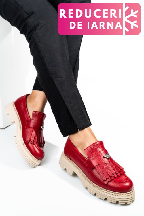 Mocasini dama piele naturala rosii talpa bej 3s7795