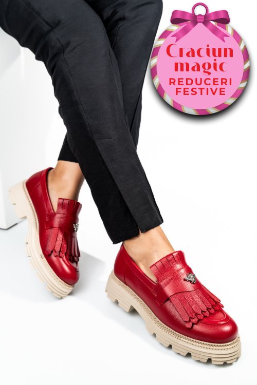 Mocasini dama piele naturala rosii talpa bej 3s7795