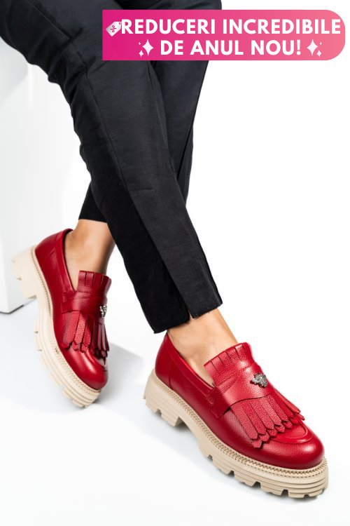 Mocasini dama piele naturala rosii talpa bej 3s7795