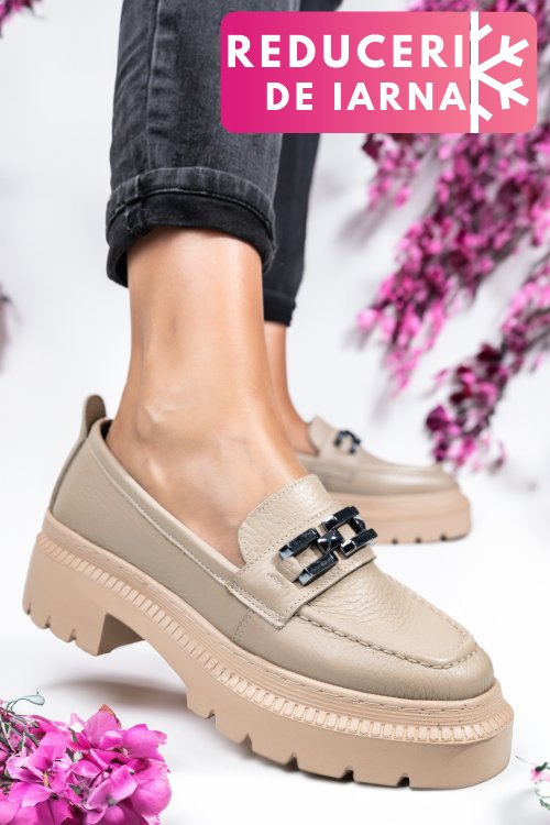 Mocasini bej piele naturala ipcbm018