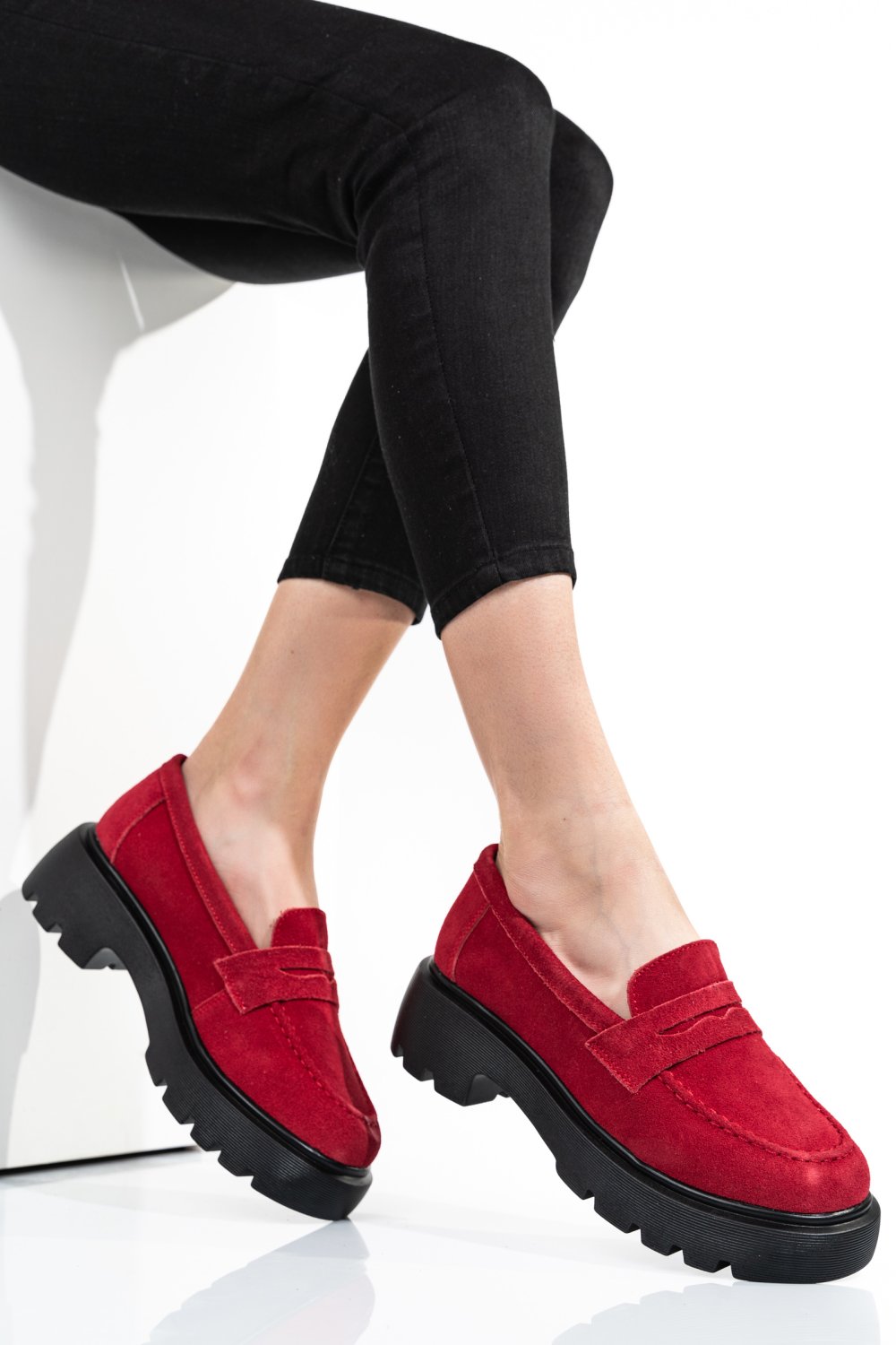 MOCASINI ROSII PIELE NATURALA INTOARSA TSP3203