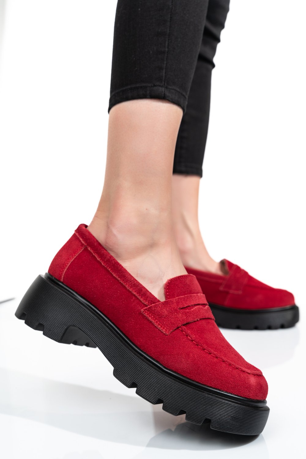 MOCASINI ROSII PIELE NATURALA INTOARSA TSP3203