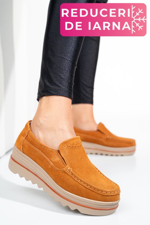 Mocasini camel piele naturala intoarsa 3sp088
