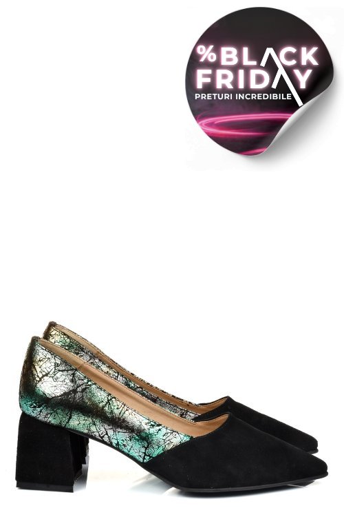 Pantofi negri floral piele naturala intoarsa 5s77460