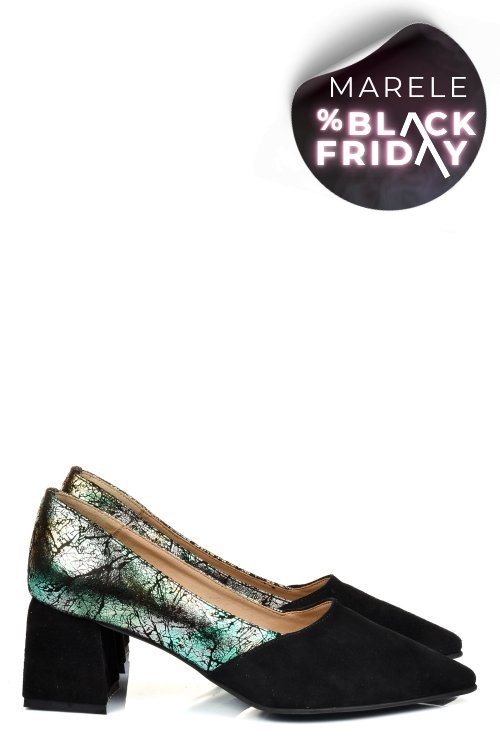 Pantofi negri floral piele naturala intoarsa 5s77460