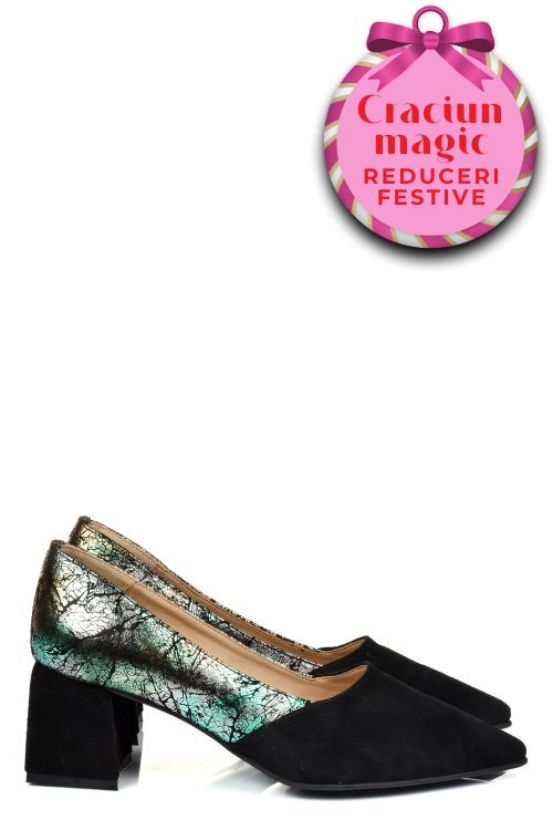 Pantofi negri floral piele naturala intoarsa 5s77460